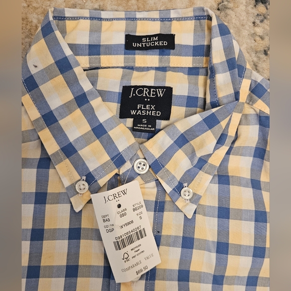 J. Crew Slim Untucked Flex Washed Shirt Blue & Yellow Plaid size Small NWT - Picture 2 of 4